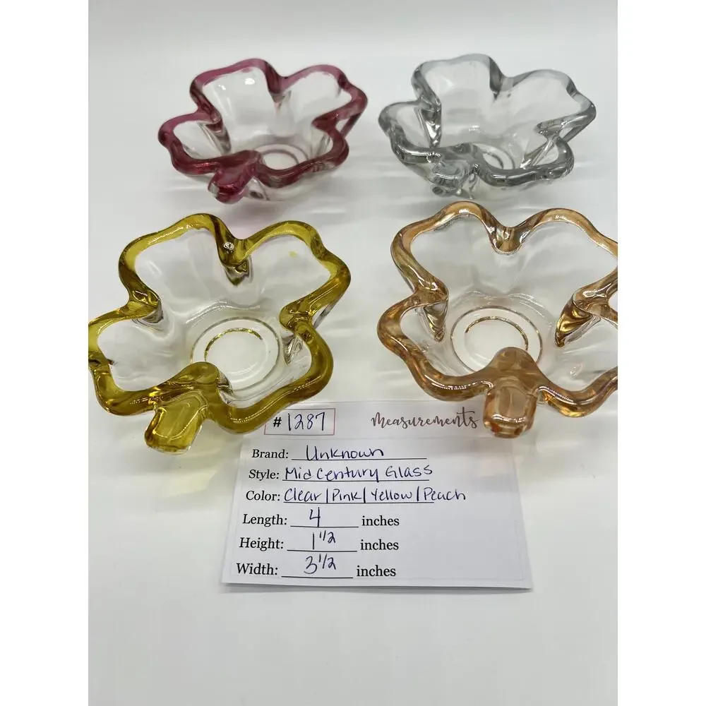 Vtg Set of 4 MCM Glass Four Leaf Clover Trinket Dish or Bridge Serveware Bowl